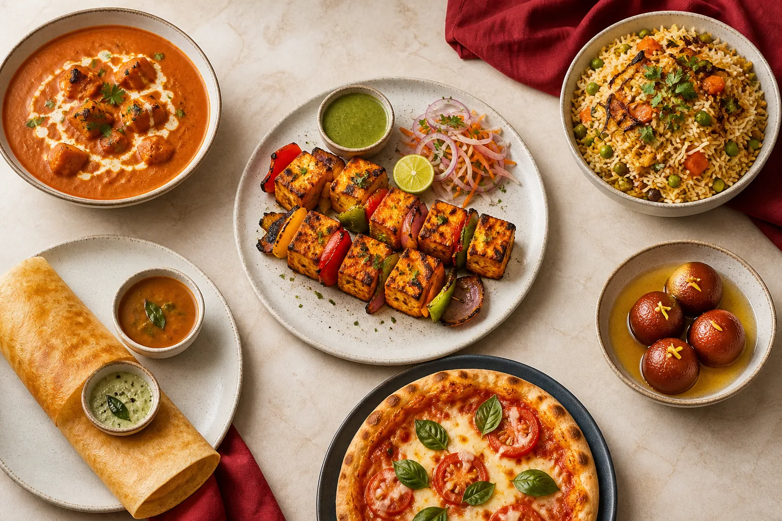 A premium spread of Indian restaurant dishes
